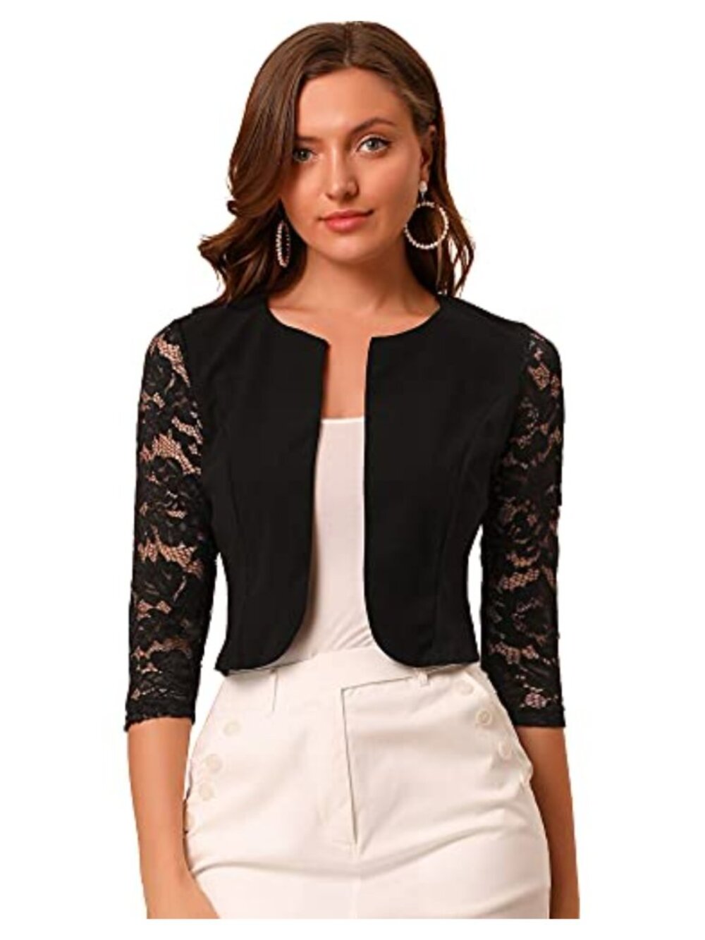 Women's Floral Lace Shrug Open Front 3/4 Sleeve Semi-Sheer Evening Jacket